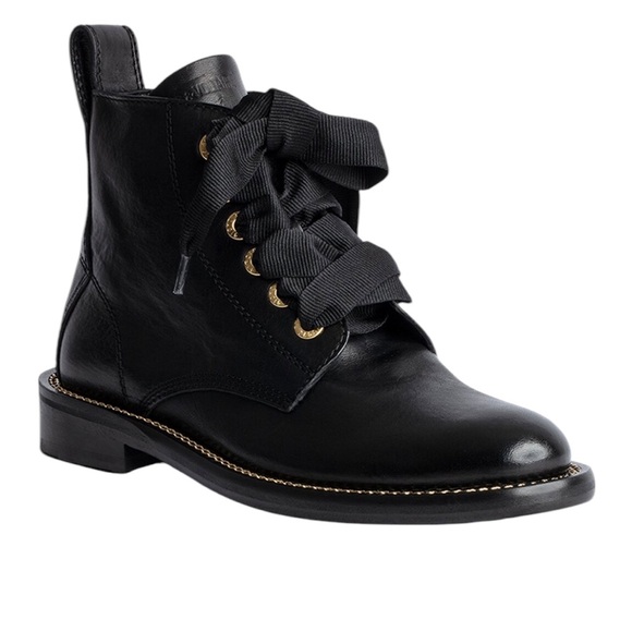 NIB Zadig & Voltaire Laureen Chain Welt Leather Boot Noir w/ gold trim MSRP$498 - Picture 6 of 16